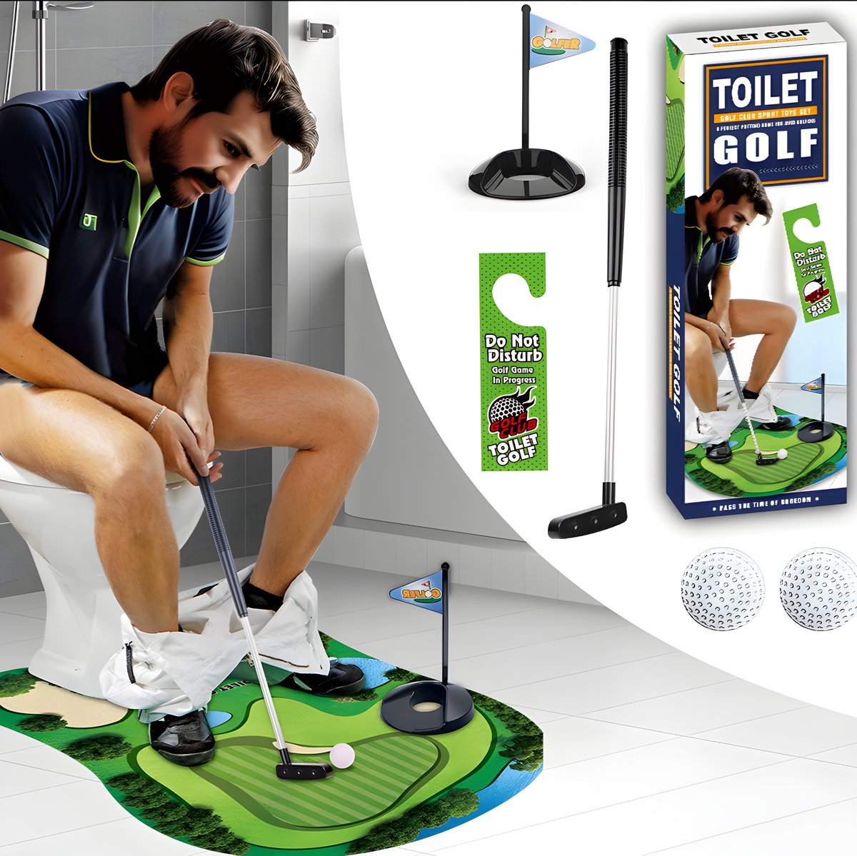   Potty Putter – Toilet Golfset met Mat, Putter, Hole, 2 Ballen & “Do Not Disturb” Deurhanger | WC Golf Cadeau